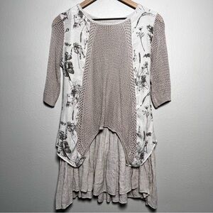 Women Bohemian Tunic Layered Top Small Tan Floral Crochet Shark Bite Boho Chic‎